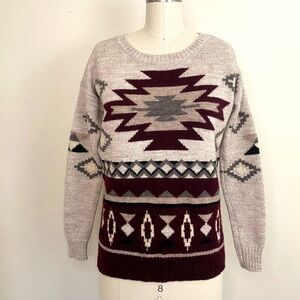 Southwestern American Eagle XS Cozy Wool Geometric Patterned Sweater Burgundy